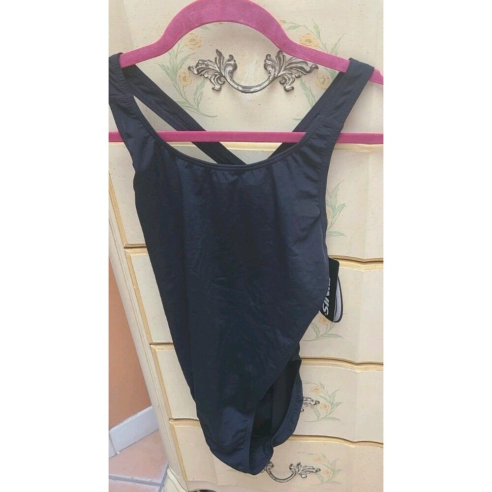 FINIS Bladeback Solid Navy One Piece Swimsuit Size 38 Black NWT